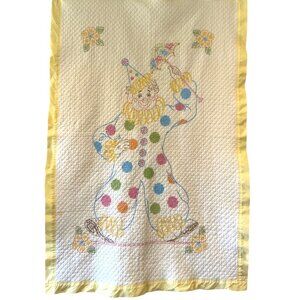 Vintage Hand-Embroidered Clown Quilt Yellow Satin Trim 60x40 Polka Dots Flowers